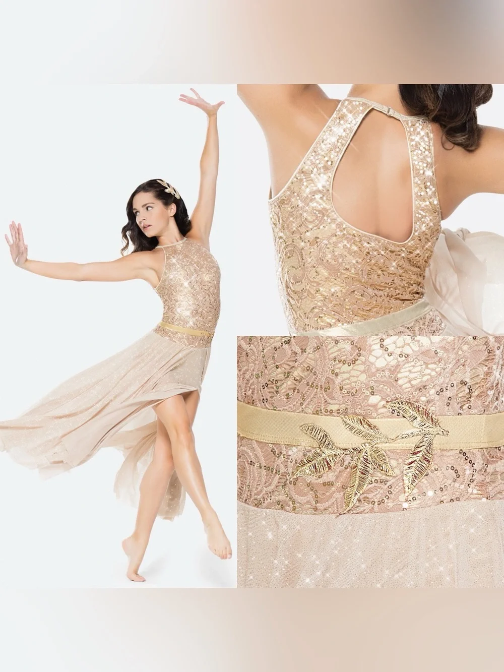Revolution Dance Costume lyrical blush beige gold lace JUST A MEMORY RC19699 XLC